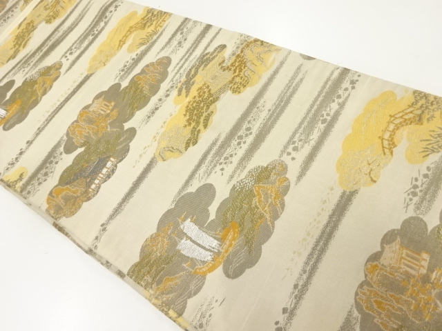 JAPNAESE KIMONO / ANTIQUE FUKURO OBI / SILK / WOVEN CLOUDS & SCENERY OF MANSIONS